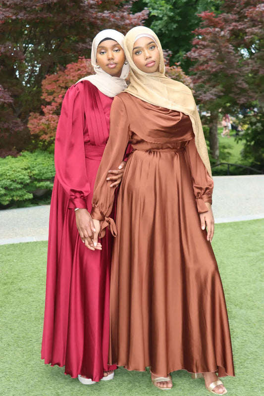 AUTUMN GLOW DRAPED SATIN GOWN - Shuto Modest Boutique