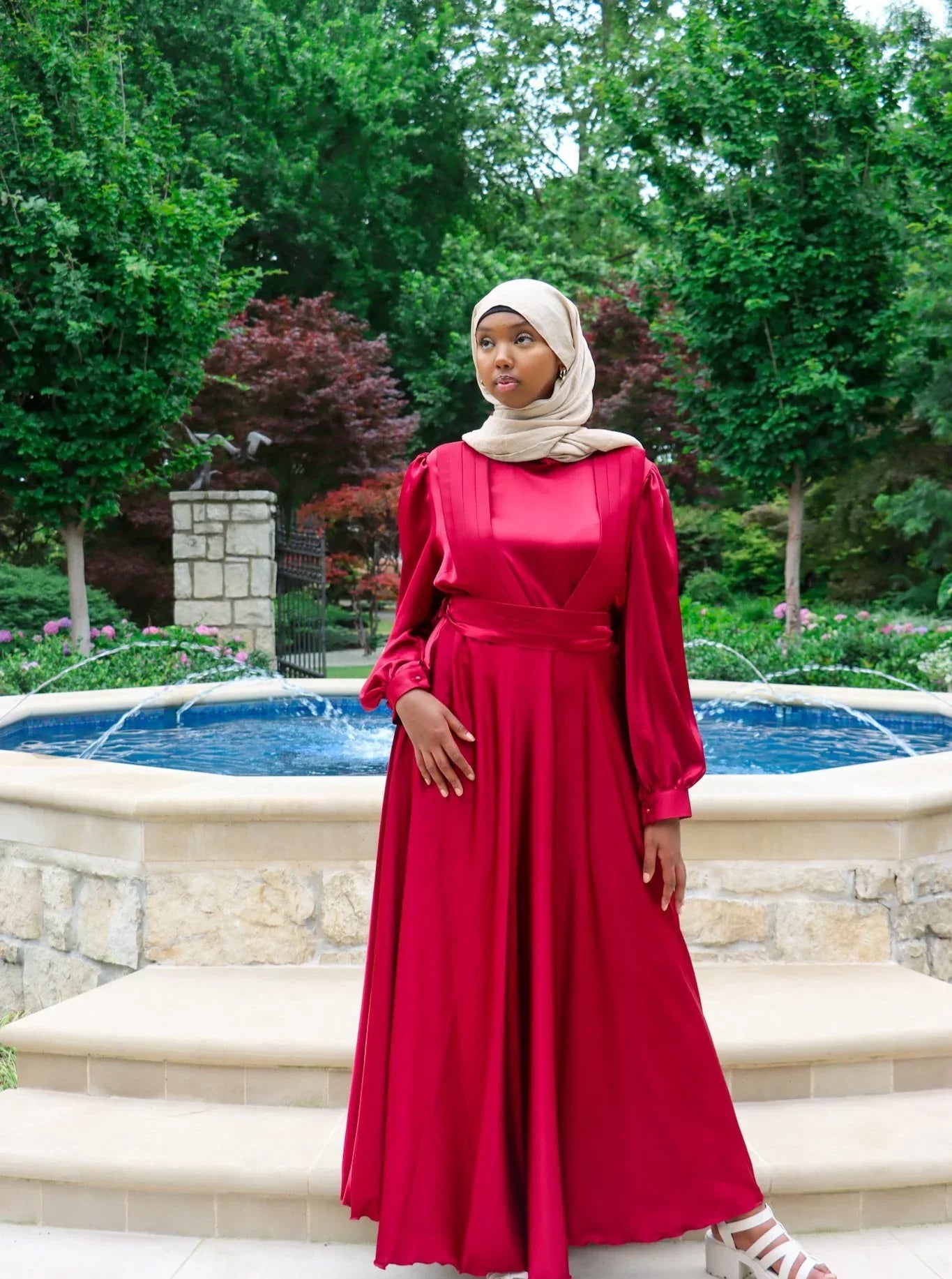CRIMSON SATIN GOWN - Shuto Modest Boutique