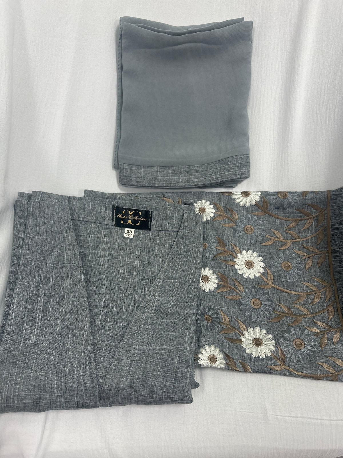 Elegant Floral Embroidered Light Gray Abaya with Matching Hijab - 52 -Shuto Modest Boutique