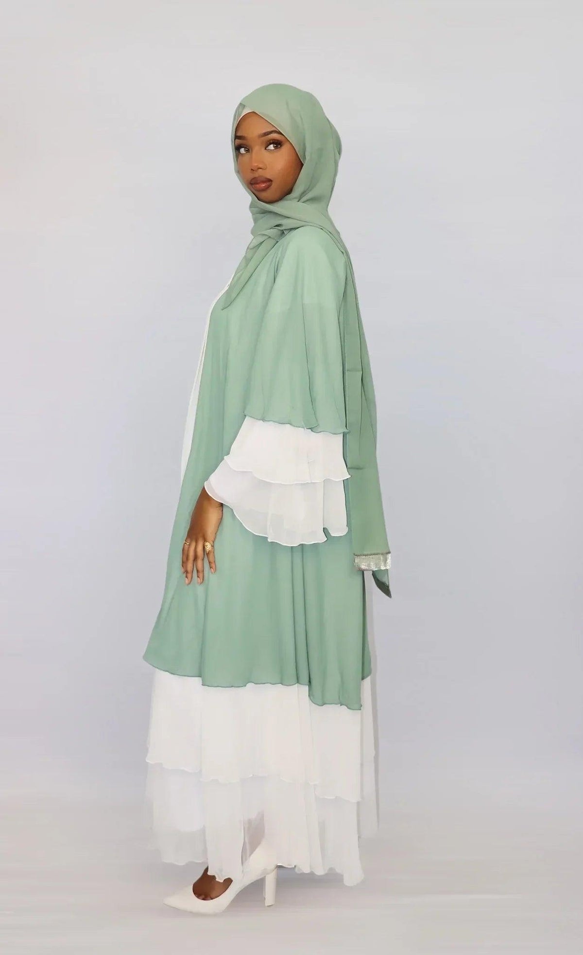 Chiffon Layered Abaya - 52 / Light Green -Shuto Modest Boutique