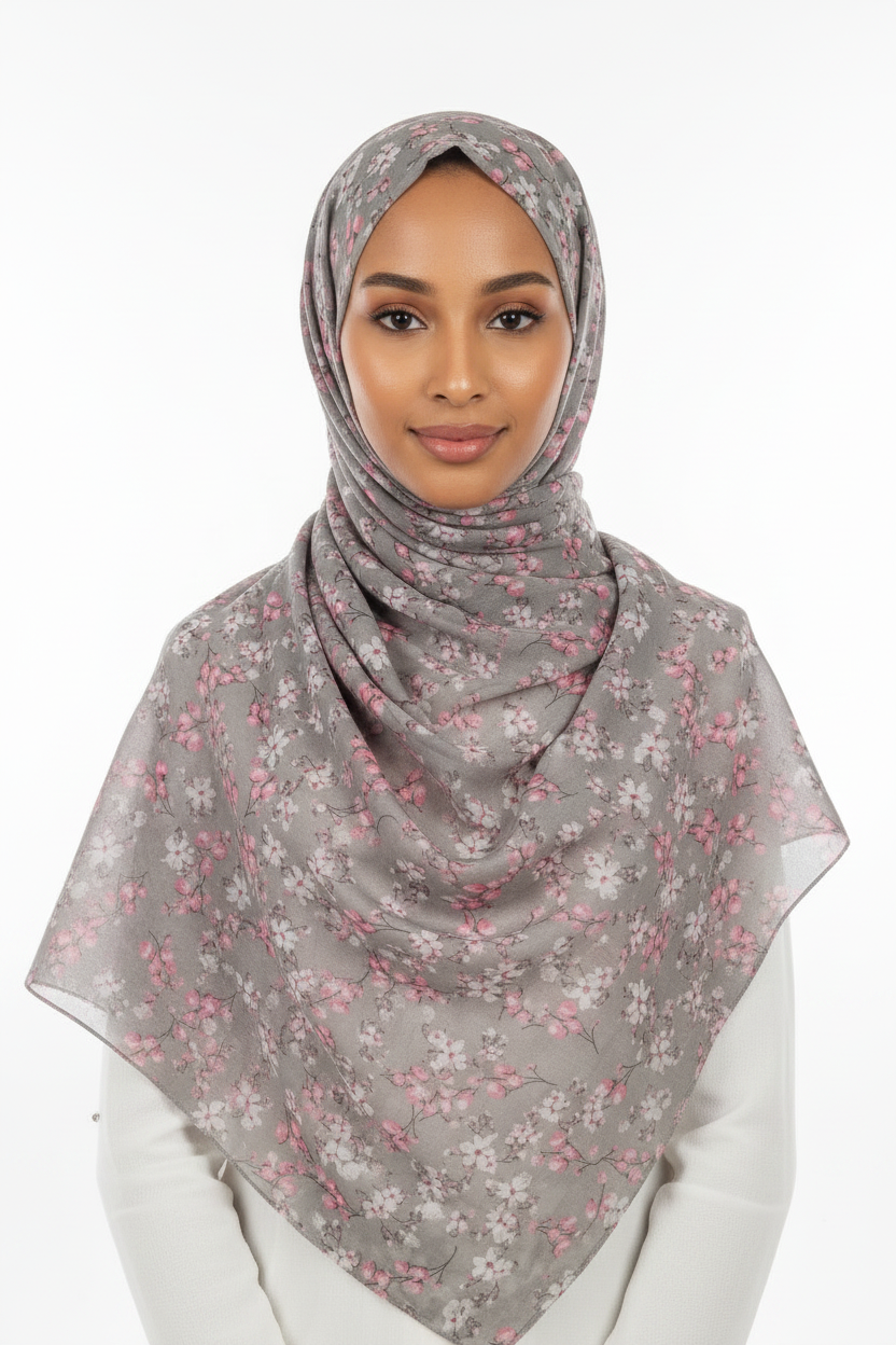 A gray square hijab with a pink and white cherry blossom floral print, draped on a cream-colored mannequin head against a white background.