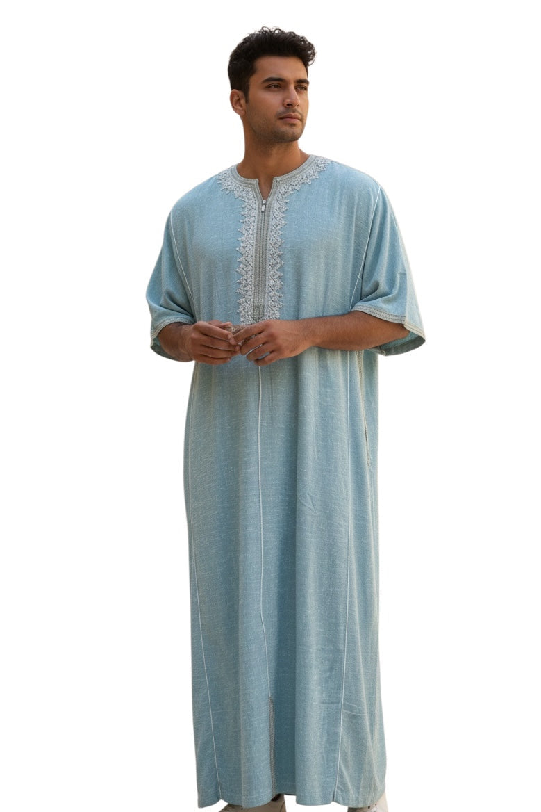 Teal Moroccan Thobe, embroidered with off white
